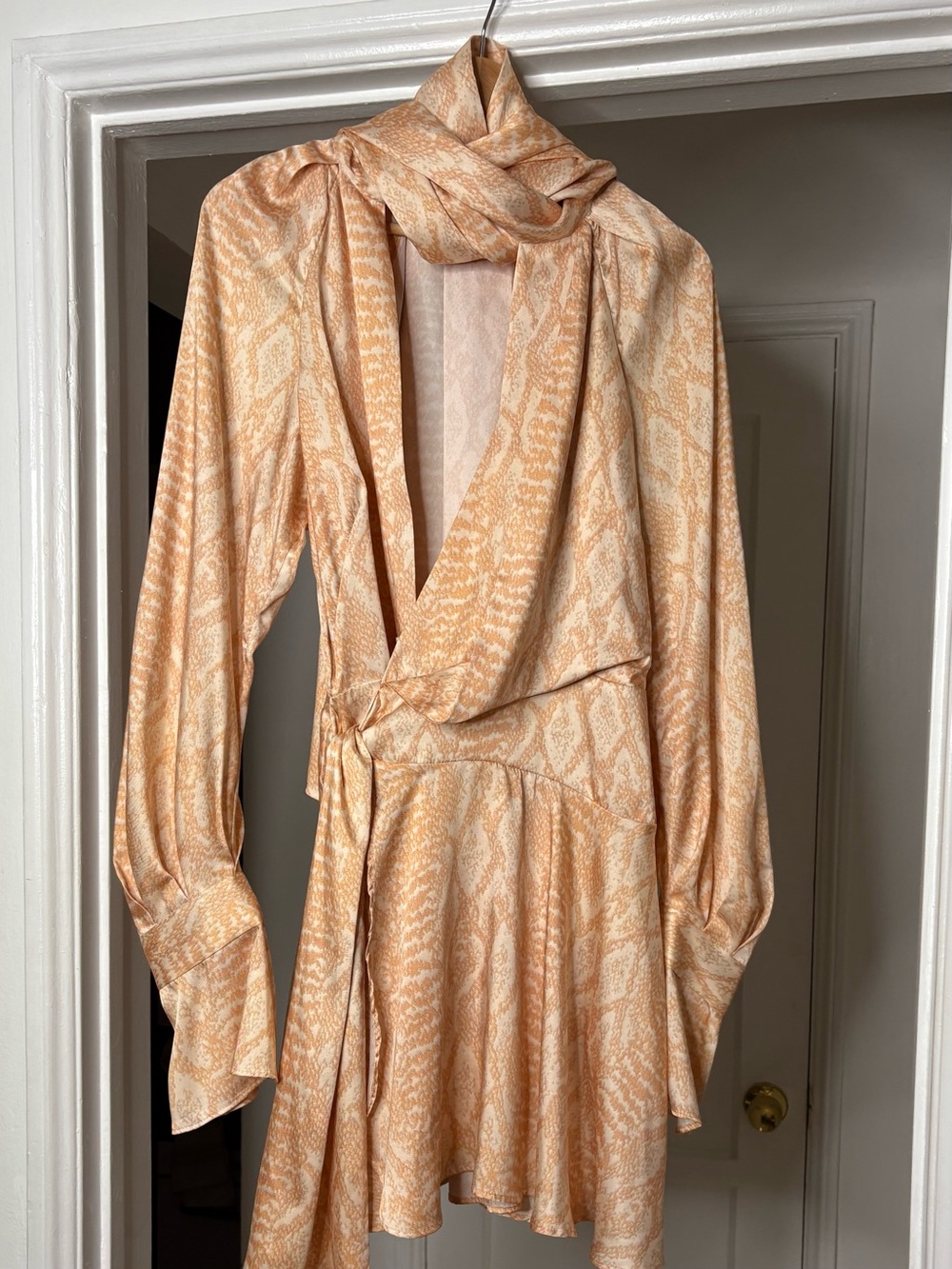 Acler Peach and Cream Snake-Print Wrap Dress with Scarf Detail